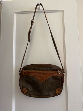 Brown Patterned Crossbody Bag with Leather Trim